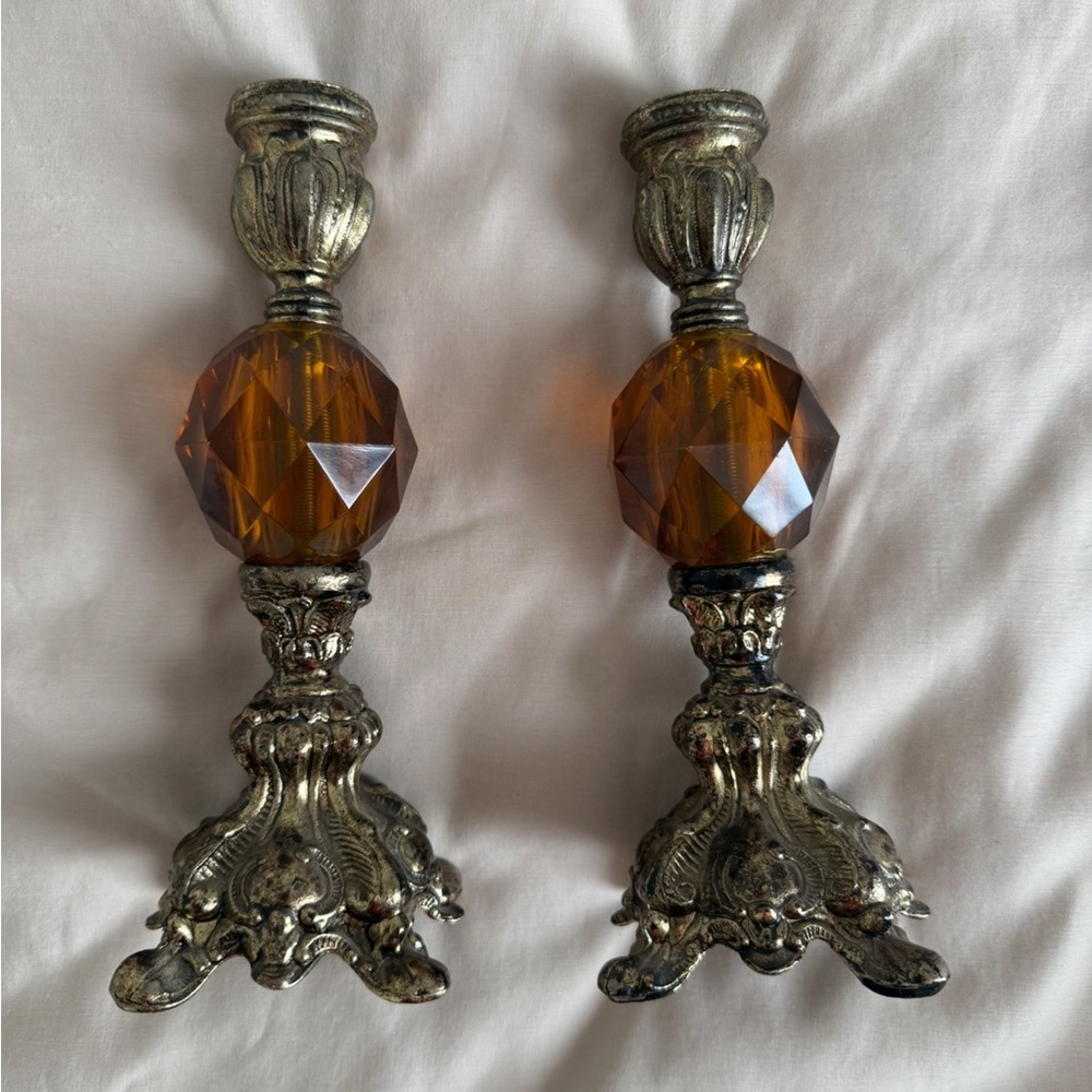Elegant Amber and Silver Candle Holders
